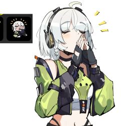  ahoge anby_demara bare_shoulders blush breasts closed_eyes female fingerless_gloves gloves grey_hair headphones jacket long_sleeves navel official_art_inset ormille praying reference_inset shirt short_hair simple_background solo upper_body white_background zenless_zone_zero 