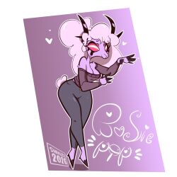  4_eyes absurd_res anthro bovid caprine claws clothing demon fan_character female hair hellaverse helluva_boss hi_res hooves horn mammal multi_eye pink_eyes purple_body rosiepop_(shnuzzlezz) sheep shnuzzlez solo sweater topwear white_hair 