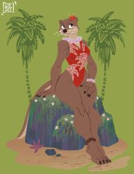  anklet anthro aquatic asterozoan bpicturellc breasts brown_eyes claws echinoderm female hi_res island jewelry mammal mustelid otter plant rock small_waist solo starfish thick_thighs tree wide_hips 