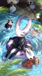  2_horns 9:16 absurd_res ambiguous_gender arthropod bandage biped black_body black_eyes cloak clothed clothing day empty_eyes female_(lore) flea_(hollow_knight:_silksong) green_body group grub_(hollow_knight) half_sister_(lore) hi_res hirakue012 hollow_knight:_silksong hollow_knight_(character) hollow_knight_(franchise) horn hornet_(hollow_knight) lace_(hollow_knight:_silksong) male_(lore) one_eye_obstructed outside partially_submerged plant pool_float quirrel_(hollow_knight) red_cloak red_clothing sibling_(lore) sister_(lore) sitting swimming_pool team_cherry the_knight_(hollow_knight) vessel_(species) water wet white_body white_eyes 