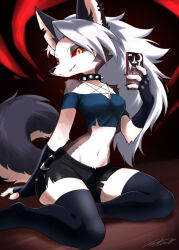  2026 4_fingers anthro biped black_bottomwear black_claws black_clothing black_collar black_ears black_nose black_shorts blue_clothing blue_gloves blue_handwear blue_legwear blue_shirt blue_thigh_highs blue_topwear bottomwear breasts canid canid_demon canine cellphone cheek_tuft claws closed_smile clothed clothed_anthro clothed_female clothing collar demon digital_drawing_(artwork) digital_media_(artwork) ear_piercing ear_ring electronics eyebrows eyelashes eyeshadow facial_tuft fangs female female_anthro finger_claws fingerless_gloves fingers fully_clothed fully_clothed_anthro fully_clothed_female fur gloves grey_body grey_eyebrows grey_eyeshadow grey_fur grey_hair grey_tail hair handwear hellaverse hellhound helluva_boss hi_res holding_cellphone holding_object holding_phone holding_smartphone japanese_description legwear looking_at_viewer loona_(helluva_boss) makeup mammal midriff mouth_closed multicolored_body multicolored_fur multicolored_tail mythological_canine mythological_creature mythology navel netiel notched_ear off_shoulder phone piercing print_bottomwear print_clothing print_shorts red_sclera ring_piercing shirt shorts signature sitting smartphone smile smiling_at_viewer solo spiked_collar spikes tail teeth thigh_highs topwear tuft two_tone_body two_tone_fur white_body white_eyes white_fur white_tail 