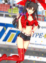  belt black_hair blue_eyes boots bow breasts choker cleavage confetti crop_top fate/stay_night fate_(series) female highres iro_(sekaixiro) jacket long_hair midriff navel official_alternate_costume race_queen red_jacket short_shorts shorts smile solo thigh_boots thighhighs tohsaka_rin tohsaka_rin_(type-moon_racing) two_side_up 