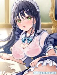  black_hair black_skirt bra breasts cleavage cleavage_cutout clothing_cutout collared_shirt commentary_request female flower frilled_skirt frills green_eyes hair_between_eyes heart_cutout long_hair looking_at_viewer maid maid_headdress medium_breasts on_floor original out-of-frame_censoring petals pink_bra puffy_short_sleeves puffy_sleeves sakura_hiyori see-through_clothes see-through_shirt shirt short_sleeves skirt solo underwear very_long_hair wet wet_clothes wet_shirt white_flower white_shirt 