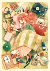  apple bad_id bad_pixiv_id badminton_racket bag baguette black_footwear blanket book bottle bread camera cereal_box cheese closed_eyes closed_mouth commentary_request doughnut female food fork from_above from_side fruit grapes green_sweater headphones headphones_removed jar knife long_hair long_skirt long_sleeves lying on_side original paper_bag phonograph picnic pillow pink_socks plate pumpkin racket record red_hair sandwich shuttlecock skirt sleeping smile socks solo somemachi spoon sweater teapot 