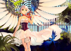  bird bob_cut buckle choker clover_(manga) commentary_request corset dress female green_eyes leaf linghetuen mechanical_wings parted_lips photoshop_(medium) plant red_ribbon ribbon ribbon_choker short_hair sleeveless sleeveless_dress solo steampunk suu_(clover) white_dress white_hair wings 