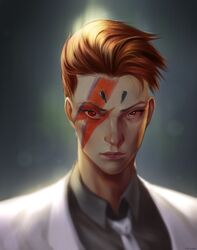  aladdin_sane androgynous backlighting black_shirt blue_eyes cheekbones cosplay david_bowie facepaint female formal frank-7-9 heterochromia highres lips looking_at_viewer moira_(overwatch) necktie nose overwatch overwatch_1 red_eyes red_hair reverse_trap shirt short_hair solo suit upper_body 