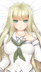  bangs bishoujo_mangekyou blonde_hair blush breasts collarbone female green_eyes hair_between_eyes happoubi_jin highres kannagi_yuuri large_breasts light_smile long_hair long_sleeves parted_lips school_uniform smile solo 