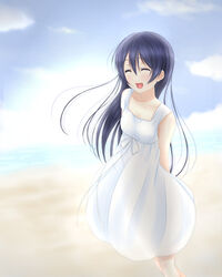  beach blue_hair blush closed_eyes collarbone commentary_request cowboy_shot day dress female hair_between_eyes long_hair love_live! love_live!_school_idol_project open_mouth outdoors roaru_(gyuren) sky sleeveless sleeveless_dress smile solo sonoda_umi sundress white_dress 