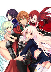  1boy 4girls bikini black_hair brown_eyes brown_hair green_eyes green_hair hero_and_daughter holy_(hero_and_daughter) lara_(hero_and_daughter) long_hair multiple_girls official_art pink_hair ralph_(hero_and_daughter) red_hair school_uniform serafuku strega_(hero_and_daughter) swimsuit wagokoro_(hero_and_daughter) white_background wings yellow_eyes yoshizawa_tsubaki 