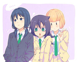  ... 3girls bags_under_eyes black_eyes black_hair blazer blonde_hair cardigan commentary_request girl_sandwich green_eyes green_necktie hakka0320 jacket kuroki_tomoko low_twintails multiple_girls necktie open_clothes open_jacket photoshop_(medium) pleated_skirt sandwiched school_uniform skirt solid_oval_eyes spoken_ellipsis tamura_yuri triangle_mouth twintails uchi_emiri v watashi_ga_motenai_no_wa_dou_kangaetemo_omaera_ga_warui! |_| 