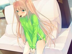  akinashi_yuu blonde_hair blush candy chocolate female game_cg green_eyes highres koi_to_senkyo_to_chocolate legs long_hair looking_at_viewer mouth_hold pillow sitting solo sumiyoshi_chisato tears thighs twintails 