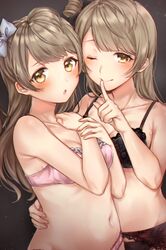  2girls ;) absurdres bad_id bad_twitter_id bare_arms bare_shoulders black_bow black_bra black_panties blue_bow bow bra brown_eyes brown_hair closed_mouth collarbone commentary_request dual_persona finger_to_mouth fingernails garter_belt hairbow hand_on_another&#039;s_waist hands_on_own_chest hands_up highres index_finger_raised lace lace_bra long_hair love_live! love_live!_school_idol_project minami_kotori mkzk_nagi multiple_girls navel one_eye_closed one_side_up panties parted_lips pink_bra pink_panties shushing smile underwear underwear_only very_long_hair 