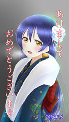  2016 blue_hair blush commentary_request female flower from_side fur_trim hair_between_eyes hair_flower hair_ornament japanese_clothes kimono long_hair looking_at_viewer love_live! love_live!_school_idol_festival love_live!_school_idol_project new_year open_mouth partial_commentary photoshop_(medium) roaru_(gyuren) simple_background smile solo sonoda_umi upper_body yellow_eyes 