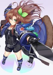  &gt;:) bad_id bad_pixiv_id belt belt_buckle black_shorts black_tank_top blue_jacket bow breasts brown_hair buckle dagger female floating_hair foreshortening fur-trimmed_jacket fur_trim green_bow green_eyes hair_ornament hairbow highres if_(neptunia) ill_(0022) jacket jamadhar knife long_hair looking_at_viewer neptune_(series) one_side_up open_clothes open_jacket oversized_clothes short_shorts shorts small_breasts smile solo tank_top v-shaped_eyebrows weapon 