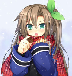  :o blush brown_hair candy chocolate coat commentary_request female food fuji_kakei gift green_eyes hair_between_eyes hair_ribbon heart heart-shaped_chocolate holding holding_gift if_(neptunia) long_hair long_sleeves looking_at_viewer neptune_(series) one_side_up open_mouth plaid plaid_scarf ribbon scarf snowing solo tsurime upper_body valentine 