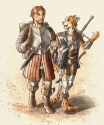  0laffson 2016 5_fingers anthro armor barefoot brown_hair cheetah clothed clothing digitigrade duo enorach_(0laffson) feet felid feline fingers hair hi_res human lars_(0laffson) male mammal melee_weapon open_mouth smile sword teeth traditional_media_(artwork) weapon 