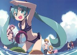  2boys 4girls :d absurdres armpits ball beach beachball bikini bow crease day everyone hair_ribbon hatsune_miku highres innertube kagamine_len kagamine_rin kaito_(vocaloid) kanzaki_hiro long_hair male_swimwear megurine_luka meiko_(vocaloid) multiple_boys multiple_girls navel ocean open_mouth outdoors ribbon scan school_swimsuit smile striped_bikini striped_clothes swim_briefs swim_ring swim_trunks swimsuit tabgraphics twintails vocaloid wading 