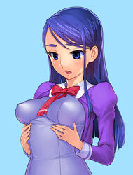  blue_eyes blue_hair blush breasts commentary_request dress female highres impossible_clothes l&#039;ecole_des_cinq_lumieres_school_uniform long_hair long_sleeves looking_at_viewer minazuki_karen open_mouth perky_breasts photoshop_(medium) pointy_breasts precure red-p school_uniform solo yes!_precure_5 