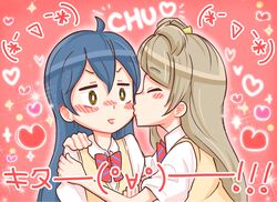  2girls :o ahoge bad_id bad_tumblr_id bow bowtie friedbun heart heart_background kissing kissing_cheek long_hair love_live! love_live!_school_idol_project md5_mismatch minami_kotori multiple_girls otonokizaka_school_uniform purikura red_background school_uniform shirt short_sleeves simple_background sonoda_umi surprised sweater_vest triangle_mouth upper_body white_shirt yuri 