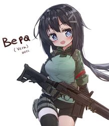  bike_shorts black_hair black_legwear black_shorts blue_eyes blue_shirt blush borrowed_character breasts commentary female green_jacket gun hair_between_eyes head_tilt highres holding holding_gun holding_weapon jacket korean_text long_hair medium_breasts military military_jacket oerba_yun_fang open_mouth original russian_text saiga-12 shirt shorts shotgun sidelocks simple_background smersh solo_focus tandohark thighhighs translated vera_(tandohark) very_long_hair weapon white_background 