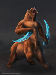  2018 3:4 bear biceps black_nose blue_eyes body_hair brown_bear brown_body brown_face brown_feet brown_fur brown_hands casual_nudity dagger digital_media_(artwork) dual_wielding fangs feet full-length_portrait fur grey_background happy_trail hi_res holding_object holding_weapon iris male mammal mammal_taur melee_weapon monotone_body monotone_face monotone_feet monotone_fur monotone_hands muscular muscular_male muscular_taur navel open_mouth pecs pink_tongue plantigrade portrait pupils quadruped roaring satanic_monkey simple_background solo taur teeth text tongue url ursid_taur ursine weapon 