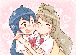  2girls :&gt; ahoge bad_id bad_tumblr_id blonde_hair blue_hair blush brown_eyes cheek-to-cheek close-up friedbun heads_together heart heart_background hug long_hair love_live! love_live!_school_idol_project md5_mismatch minami_kotori multiple_girls otonokizaka_school_uniform purikura school_uniform shirt short_hair short_sleeves sonoda_umi sweater_vest upper_body white_shirt yuri 