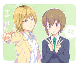  2girls black_sweater blazer blonde_hair blush brown_hair commentary_request double_v freckles green_background green_necktie hakka0320 jacket multiple_girls necktie open_clothes open_jacket photoshop_(medium) purple_eyes release_date school_uniform shirt short_hair smile sweater tanaka_mako v watashi_ga_motenai_no_wa_dou_kangaetemo_omaera_ga_warui! yoshida_masaki 