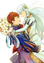  1boy aristocratic_clothes blue_dress blue_eyes blue_hair bouquet closed_eyes commentary_request couple dress eliwood_(fire_emblem) eliwood_(valentine)_(fire_emblem) female fire_emblem fire_emblem:_the_blazing_blade flower headband highres long_hair ninian_(fire_emblem) red_hair sasaki_(dkenpisss) short_hair sidelocks smile straight 