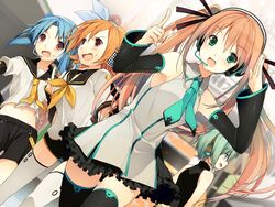  4girls akinashi_yuu bare_shoulders blue_eyes blue_hair blush cosplay game_cg green_eyes green_hair happy hatsune_miku_(cosplay) highres kagamine_len_(cosplay) kagamine_rin_(cosplay) koi_to_senkyo_to_chocolate long_hair looking_at_viewer microphone multiple_girls necktie open_mouth orange_hair red_eyes ribbon school_uniform short_hair skirt smile standing sumiyoshi_chisato twintails vocaloid 