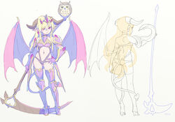  animal bird blonde_hair commentary_request demon_girl demon_horns demon_wings earrings enkyo_yuuichirou female full_body gauntlets hand_on_own_hip heart heart_earrings holding holding_weapon horns jewelry lilith_(p&amp;d) long_hair multiple_views navel oerba_yun_fang owl photoshop_(medium) purple_eyes puzzle_&amp;_dragons scythe simple_background snake tiara weapon white_background wings 