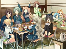  1boy 6+girls akinashi_yuu alcohol arms_up beer black_hair black_legwear blue_eyes blue_hair blush bottle breasts brown_hair chair chips clenched_teeth closed_eyes drink feet food game_cg green_eyes green_hair grey_hair happy harem highres kiba_mifuyu kneeling koi_to_senkyo_to_chocolate long_hair lying magazine morishita_michiru multiple_girls on_stomach open_mouth orange_hair pink_eyes playstation_portable psp purple_eyes red_eyes school_uniform shoes short_hair sitting smile socks sumiyoshi_chisato table teeth twintails 