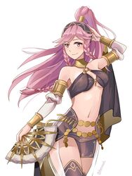  bare_shoulders blush braid breasts commentary_request female fire_emblem fire_emblem_awakening fire_emblem_heroes gloves hairband hraaat jewelry long_hair looking_at_viewer navel olivia_(fire_emblem) olivia_(performing_arts)_(fire_emblem) pink_hair ponytail side_braid simple_background smile solo twin_braids 