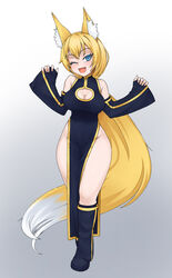  ;d absurdly_long_hair alice_(flanaki) animal_ears asanagi_(style) bare_shoulders blonde_hair blue_eyes breasts cleavage cleavage_cutout clothing_cutout commentary commission detached_sleeves english_commentary female fox_ears full_body gradient_background grey_background hands_up highres jiffic long_hair looking_at_viewer low_ponytail medium_breasts no_panties oerba_yun_fang one_eye_closed open_mouth original pelvic_curtain side_slit simple_background sleeves_past_wrists smile solo thighs very_long_hair wide_sleeves 