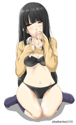  absurdres badbamboo bikini bikini_under_clothes black_bikini black_hair brown_eyes clothes_lift commentary_request female highres long_hair original photoshop_(medium) shirt_lift sitting solo swimsuit wariza 