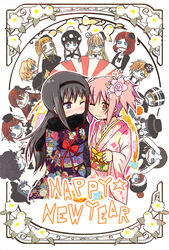  6+girls ;o akemi_homura bentoss_detritus black_hair blush clara_dolls_(madoka_magica) commentary_request crazy_eyes eye_contact floral_print flower hair_flower hair_ornament hairband hairpin happy_new_year japanese_clothes kaname_madoka kanoko_(pattern) kikumon kimono long_hair long_sleeves looking_at_another mahou_shoujo_madoka_magica mahou_shoujo_madoka_magica:_hangyaku_no_monogatari multiple_girls new_year obi obiage obijime one_eye_closed photoshop_(medium) pink_hair purple_eyes sash shippou_(pattern) short_hair short_twintails smile twintails wide_sleeves 