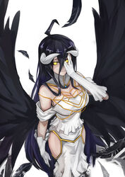  albedo_(overlord) bare_shoulders black_wings blazingchaos breasts commentary_request demon_girl demon_horns demon_wings dress female gloves hair_between_eyes horns large_breasts long_hair looking_at_viewer overlord_(maruyama) smile solo white_dress white_gloves wings yellow_eyes 