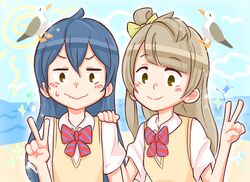  2girls animal animal_on_head bad_id bad_tumblr_id beach bird bird_on_head blue_hair bow bowtie brown_eyes brown_hair friedbun hairbow horizon long_hair looking_at_viewer love_live! love_live!_school_idol_project md5_mismatch minami_kotori multiple_girls ocean on_head one_side_up otonokizaka_school_uniform purikura red_bow red_bowtie school_uniform seagull shirt smile sonoda_umi sun sweatdrop sweater_vest v water wavy_mouth white_shirt yellow_bow 