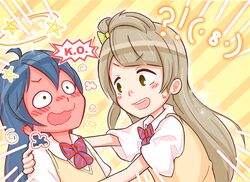  2girls ahoge bad_id bad_tumblr_id blue_hair blush bow bowtie friedbun full-face_blush long_hair love_live! love_live!_school_idol_project md5_mismatch minami_kotori multiple_girls otonokizaka_school_uniform purikura red_bow red_bowtie school_uniform shirt short_sleeves simple_background sonoda_umi striped striped_background surprised sweater_vest teeth upper_body white_shirt yellow_background 