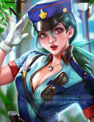  banned_artist breasts brown_eyes cleavage gloves green_hair hat jewelry junsaa_(pokemon) lipstick long_hair makeup medium_breasts pendant pokemon pokemon_(anime) police police_hat police_uniform policewoman ponytail red_lipstick sakimichan solo uniform upper_body watermark web_address 