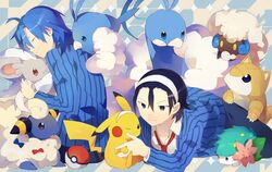  2boys altaria blue_hair cinccino hairband manami_sangaku mareep multiple_boys pikachu poke_ball pokeball pokemon sandshrew shaymin shiny_pokemon swablu toudou_jinpachi whimsicott yowamushi_pedal 