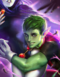  beast_boy beast_boy_(dc) dc_comics feathers female garfield_logan gloves green_hair green_skin grin hug leotard looking_at_viewer pale_skin pointy_ears raven_(dc) sakimichan smile teen_titans watermark web_address wings 