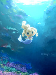  :o blue_eyes blush clulutchi commentary_request coral female full_body highres mermaid monster_girl open_mouth ponytail sayuri_(sayunu) scales shell shell_bikini solo sparkling_eyes tamagotchi twitter_username underwater 