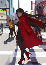  absurdres black_legwear black_ribbon black_shirt black_skirt brown_hair coat commentary_request day earrings fate/grand_order fate_(series) female floating_hair hair_ribbon high_heels highres holding ishtar_(fate) jewelry long_hair long_legs miniskirt ocarino outdoors pantyhose red_coat red_eyes red_footwear red_scarf ribbon road scarf shirt shoes skirt solo_focus street twintails very_long_hair walking 