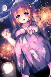  :d absurdres blush breasts brown_hair bucket cassini_m_bisuko cleavage cloud cloudy_sky collarbone female fingernails fireworks floral_print from_below hair_between_eyes hair_ornament hand_on_own_knee highres holding japanese_clothes kimono large_breasts long_hair long_sleeves looking_at_viewer night night_sky open_mouth original outdoors photoshop_(medium) purple_eyes round_teeth sandals senkou_hanabi sky smile solo sparkler squatting star_(sky) starry_sky syroh teeth tree two_side_up yukata 