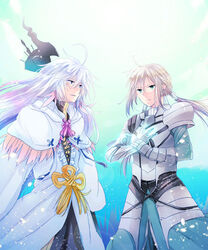  2boys aqua_eyes armor bedivere blue_eyes cloak fate/grand_order fate/stay_night fate_(series) frills gauntlets hair_ornament long_hair merlin_(fate/stay_night) multiple_boys pants ponytail silver_hair staff weapon 