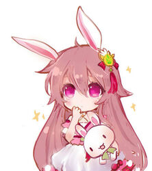  animal_ears aura_kingdom blush brown_hair chibi closed_mouth commentary_request dress female hair_between_eyes hair_ornament hand_to_own_mouth holding holding_stuffed_toy long_hair looking_at_viewer lowres maodouzi pink_dress purple_eyes rabbit_ears serena_(aura_kingdom) simple_background solo sparkle stuffed_animal stuffed_rabbit stuffed_toy very_long_hair white_background 