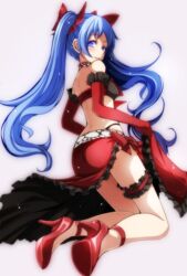  absurdres ambivalence_(module) ass black_bra black_panties blue_eyes blue_hair bow bra commentary_request elbow_gloves female floating_hair frilled_skirt frills full_body gloves grey_background hairbow hatsune_miku high_heels highleg highleg_panties highres kneehighs long_hair looking_at_viewer looking_back panties panty_straps project_diva_(series) project_diva_x pumps red_bow red_footwear red_gloves red_skirt shoe_soles simple_background skirt smile socks solo thigh_strap tsukishiro_saika twintails underwear very_long_hair vocaloid 