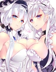  2girls apron azur_lane bad_id bad_pixiv_id bare_shoulders belfast_(azur_lane) braid breast_press breasts chains cleavage closed_mouth collar collarbone commentary_request corset dress elbow_gloves french_braid frilled_apron frills gloves hair_ribbon hat illustrious_(azur_lane) large_breasts looking_at_viewer low_ponytail maid maid_apron maid_headdress mole mole_under_eye multiple_girls ponytail ribbon sidelocks smile sun_hat symmetrical_docking tress_ribbon uehara_(higanbachi) white_apron white_dress white_gloves white_hair white_hat 