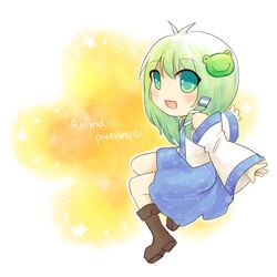  ahoge bad_id bad_pixiv_id blue_skirt blush boots chibi detached_sleeves female green_eyes green_hair hair_ornament hair_tubes kochiya_sanae pasu skirt smile solo touhou 