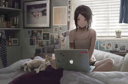  animal aphex_twin at_computer bad_id bad_pixiv_id bed bedroom black_hair camisole commentary_request computer feline female indoors laptop on_bed original partial_commentary photo_(object) plant potted_plant short_hair sitting sticker tattoo tomiya_(tomiya2117) window 